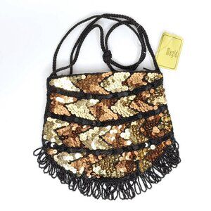 Magid Beaded Sequin Crossbody Black Gold Copper Tone Prom Evening Party Date